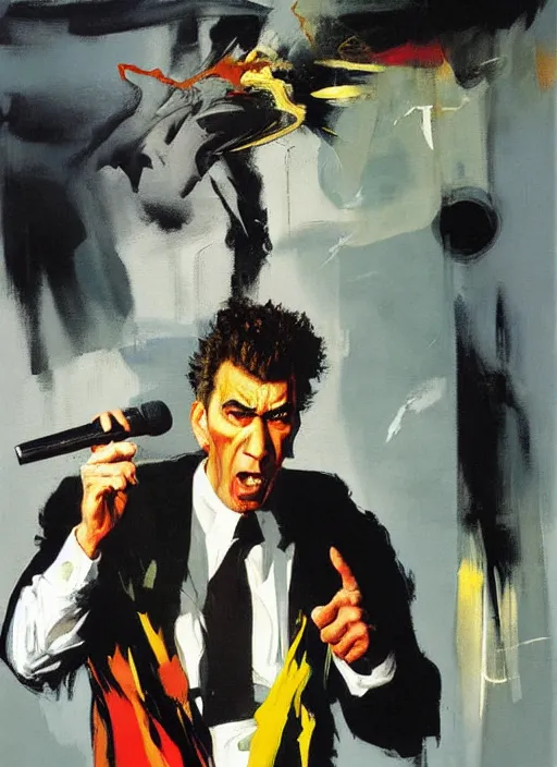 Prompt: 'kramer!! michael richards holding microphone screaming, pointing, enraged, painting by phil hale, 'action lines'!!!, graphic style, visible brushstrokes, motion blur, blurry