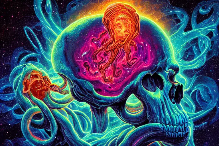 Image similar to a giant skull with lovecraftian tentacles emerging from a space nebula by dan mumford, digital art, photorealistic, vivid colors, highly detailed, intricate