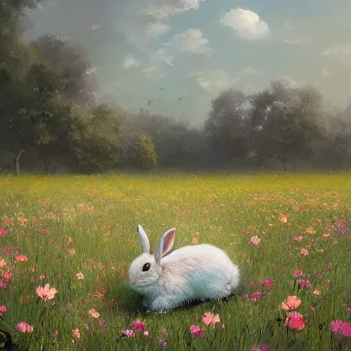 Image similar to a rabbit in a field of beautiful flowers, by stanley lau and greg rutkowski