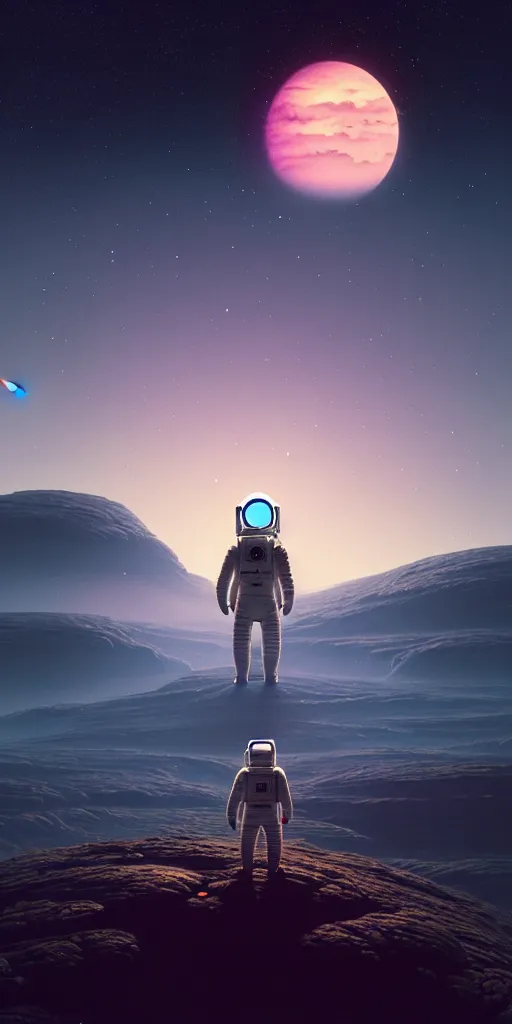 Image similar to a lonely astronaut on a amazing alien landscape and the universe, digital art, breathtaking, golden ratio, extremely detailed, establishing shot, hyperrealistic, cinematic lighting, particles, unreal engine, simon stålenhag, rendered by Beeple, Makoto Shinkai, syd meade, simon stålenhag, Ruan Jia, Kentaro Miura, environment concept, artstation, octane render, 4K UHD image