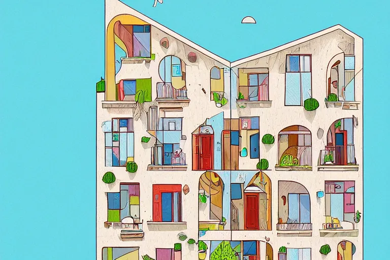 Prompt: a beautiful flat 2 dimensional illustration of a cross section of a house, view from the side, a storybook illustration by muti, colorful, minimalism, featured on dribble, unique architecture, behance hd, dynamic composition