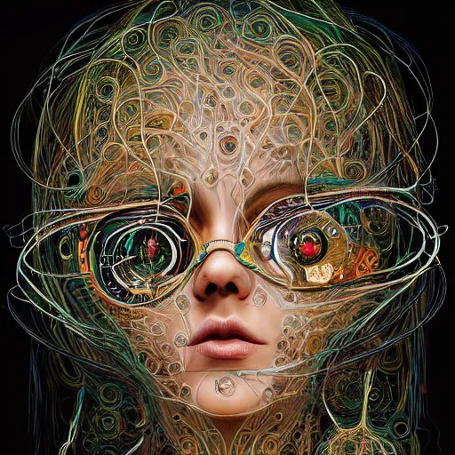 Prompt: woman_integrating_with_technology_full_face_insipiring_detailed_intricate_ornate_cables_connected_to_head_big_open_electric_eyes by android jones