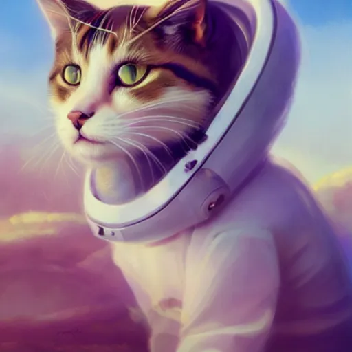 Image similar to head and shoulders masterpiece portrait of a cute adorable cat wearing a spacesuit, surreal background, digital art by krenz cushart, trending on artstation, cgsociety,