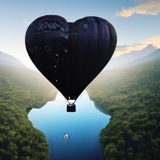 Image similar to realistic extremely detailed photo of a hot air balloon flying above a beautiful reflective mountain lake, two black swans swimming in the lake, touching heads, forming a heart with their necks, granular detail, oil on canvas, intricate, portrait, 8k highly professionally detailed, HDR, CGsociety, octane render, 4k, f32,55mm photography, wide angle