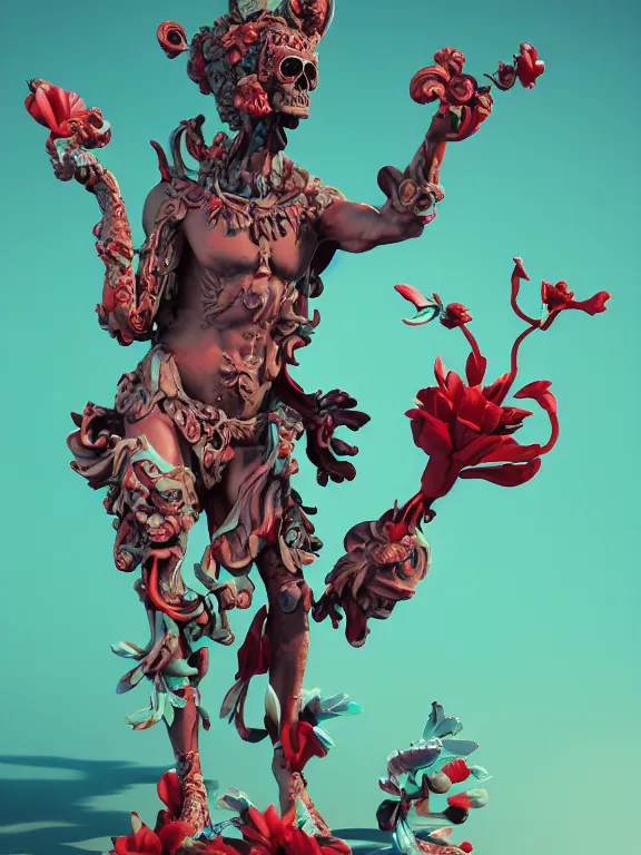 Prompt: a man with many big flowers birds baroque elements pipes bones in the form of a wax liquid voxel sculpture Bastet. bubbling red wax, super hero pose, skull, flowers, baroque. intricate. Trending on artstation. octane render, cinematic, hyper realism, octane render, 8k, depth of field, bokeh. iridescent accents. vibrant. teal and gold and red colour scheme