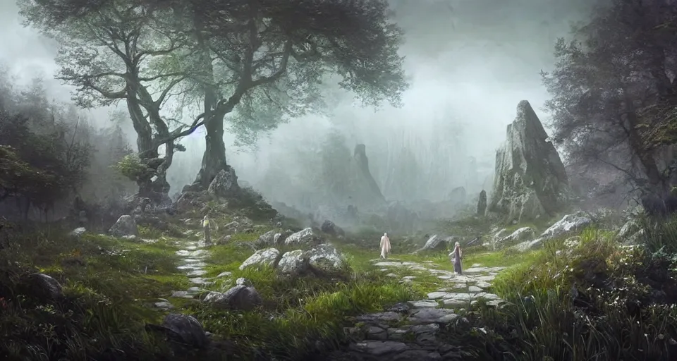 Image similar to Beautiful uplifting glade bg. Elven stone monuments along the pristine well-maintained pathway. Mysterious stone monuments. J.R.R. Tolkien's Middle-Earth. Trending on Artstation. Digital illustration. Artwork by Darek Zabrocki and Sylvain Sarrailh. Concept art, Concept Design, Illustration, Marketing Illustration, 3ds Max, Blender, Keyshot, Unreal Engine, ZBrush, 3DCoat, World Machine, SpeedTree, 3D Modelling, Digital Painting, Matte Painting, Character Design, Environment Design, Game Design, After Effects, Maya, Photoshop.
