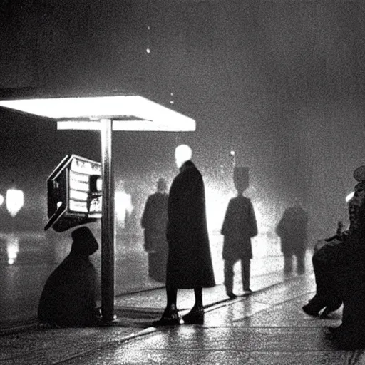 Image similar to some people waiting at bus stop in dark city night, detailed, high quality photography,a scene by Stanley kubrick, sci-fi, reimagined by industrial light and magic