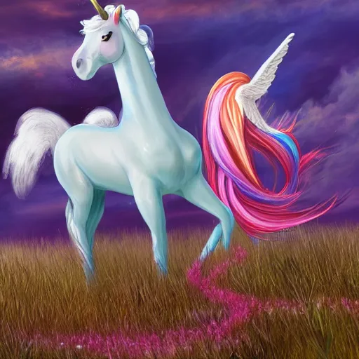 Prompt: an alicorn and a pegasus and a unicorn together on a grass field, by childe hassan, trending on artstation, concept art, digital art, matte painting