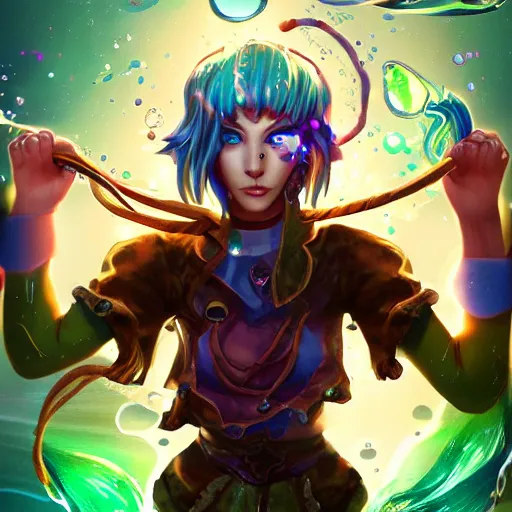 Prompt: female water mage, high quality character design, action pose, symmetrical face : : spotlight, magical, seapunk, seaweed, bubbles, high detail, 1 6 k, oled, shadows, reflections, digital art, official art
