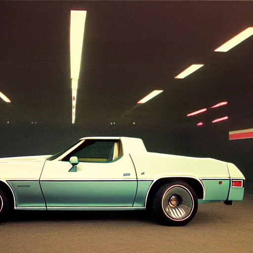 Prompt: 1979 Blazer Corvette, inside of an auto dealership, ektachrome photograph, volumetric lighting, f8 aperture, cinematic Eastman 5384 film