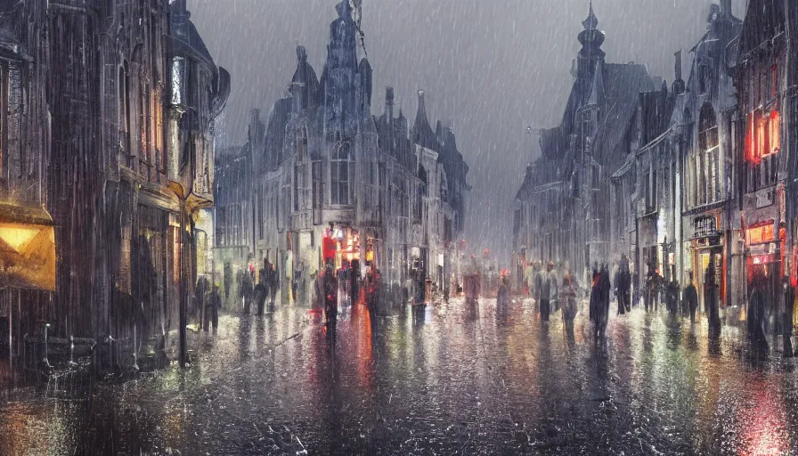 Image similar to vise, belgium under rain, people with umbrellas, wet roads, hyperdetailed, artstation, cgsociety, 8 k