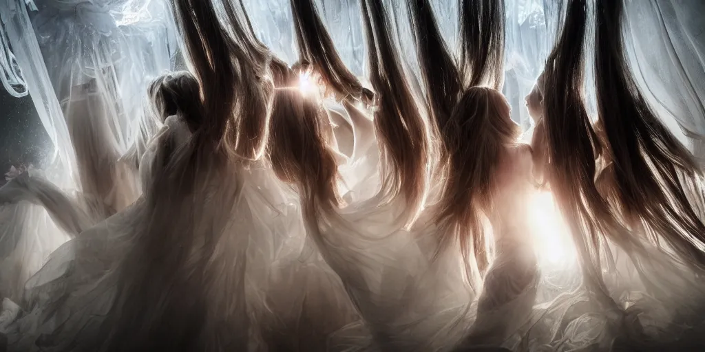 Image similar to love, groups of translucent people with long glowing hair, from below, rebirth, wide angle, cinematic atmosphere, elaborate, highly detailed, dramatic lighting