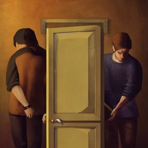 Image similar to poster for a short liminal film called'liminal'about four male roommates that find a tiny hidden door. movie poster, advertisement, renaissance painting, sharp, high detail, trending on artstation, cinematic