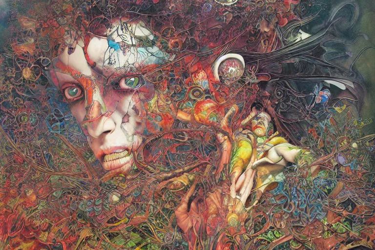 Prompt: realistic detailed image of a psychedelic shaman Ayami Kojima, Amano, Karol Bak, Greg Hildebrandt, and Mark Brooks, Neo-Gothic, gothic, rich deep colors. Beksinski painting, part by Adrian Ghenie and Gerhard Richter. art by Takato Yamamoto. masterpiece
