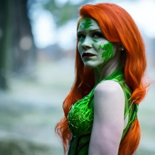 Image similar to elizabeth kucinich as poison ivy, cinematic still shot,