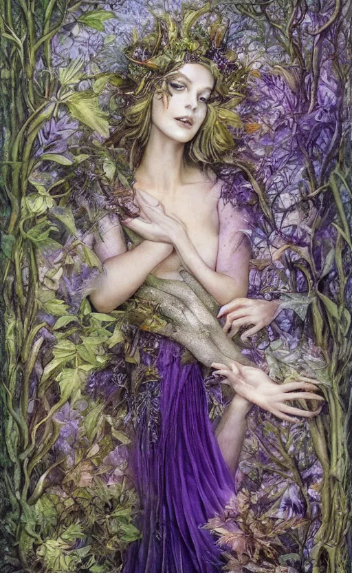 Image similar to fey queen of the summer forest, dress of leaves, fine features, thin, young, silver shimmering hair, by brian froud, stars, night colors, night, purple blue black, oil on canvas, oil panting