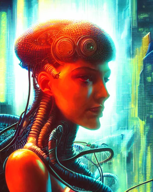 Image similar to a cyberpunk close up portrait of cyborg medusa, electricity, snakes in hair, sparks, bokeh, soft focus, skin tones, warm, sky blue, daylight, geometric, by paul lehr, jesper ejsing