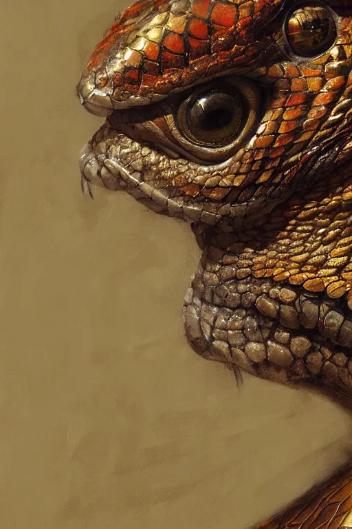 Prompt: snake head, close up, snake eyes, scales, oil painting, sunlit, paint texture, digital painting, highly detailed, artstation, sharp focus, illustration, concept art, ruan jia, charlie bowater, tom bagshaw, norman rockwell