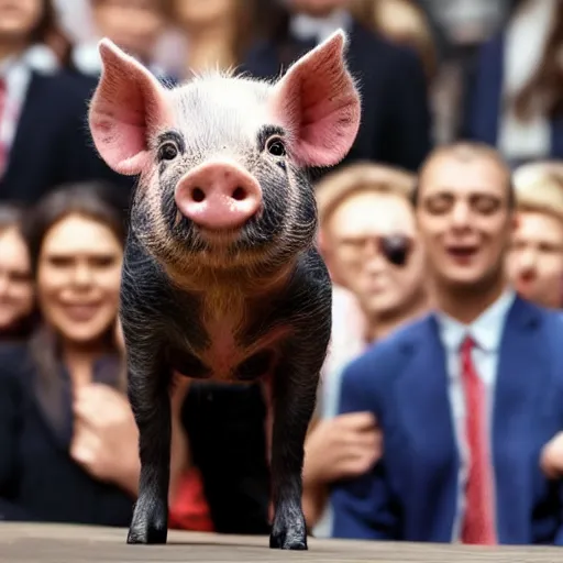 Image similar to a miniature pig in a suit giving a speech in front of a crowd of people
