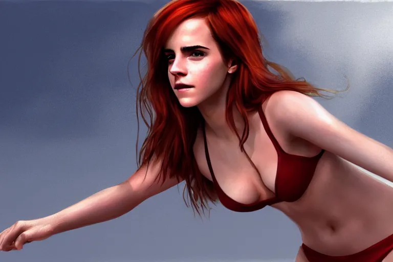 Image similar to Red-haired beauty Emma Watson in a bikini, highly detailed, mid-shot ,pixiv , digital painting , concept art