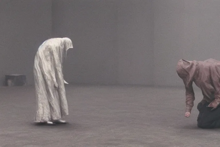 Image similar to ring wraith sniffing the ground, movie still, ultra realism, very detailed, style of francis bacon