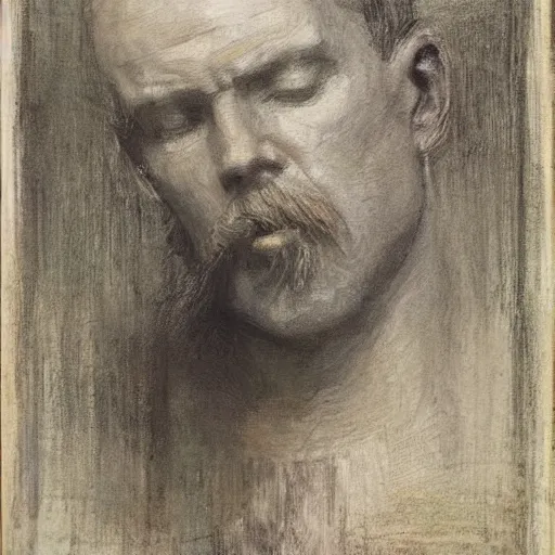 Image similar to turbulent, peaceful by frank weston benson, by abbott handerson thayer. a beautiful illustration of a giant head. the head is bald & has a big nose. the eyes are wide open & have a crazy look. the mouth is open & has sharp teeth. the neck is long & thin.