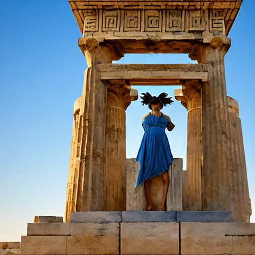 Image similar to tiny greek goddess in steel helmet standing on a giant greek bearded male head, greek temple of olympus glory island, late afternoon light, wispy clouds in a blue sky, by frank lloyd wright and greg rutkowski and ruan jia