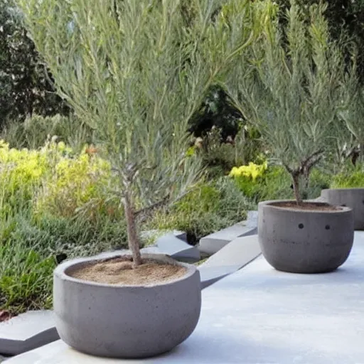 Image similar to creative concrete pots with seatings, olive trees, wpc decking on the floor