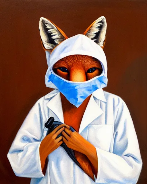 Image similar to oil painting portrait of anthropomorphic female fox animal dressed in labcoat, surgical mask covering mouth, with syringe, fox animal, hospital in background, oil painting,