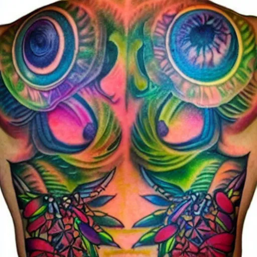 Prompt: shoulder tattoo of a multicolored psychedelic cute bush baby, eyes are colorful spirals, surrounded with colorful magic mushrooms and rainbowcolored marihuana leaves, insanely integrate