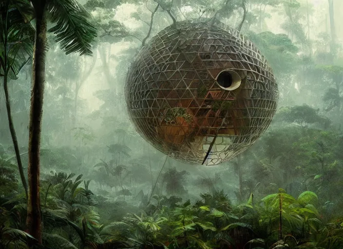 Image similar to a beautiful painting of a geodesic house in a moist tropical rainforest, by greg rutkowski, realism, artstation, nature