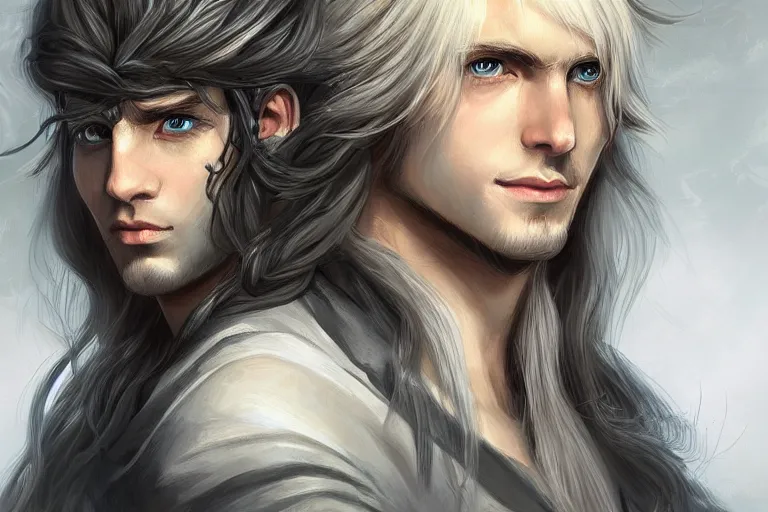 Image similar to young cute pretty boy with white long hair, d & d, fantasy, portrait, highly detailed, headshot, digital painting, trending on artstation, concept art, sharp focus, illustration,