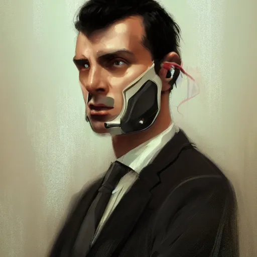 Prompt: portrait of a man by greg rutkowski, he is! about 3 0 years old, short black hair with bangs, his features are a mix between french, turkish and russian and he is wearing futuristic office suit, highly detailed portrait, digital painting, artstation, concept art, smooth, sharp foccus ilustration, artstation hq.