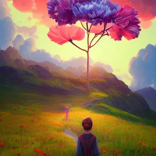 Image similar to giant carnation flower as a head, girl hiking in the mountains, surreal photography, sunrise, dramatic light, impressionist painting, colorful clouds, digital painting, artstation, simon stalenhag