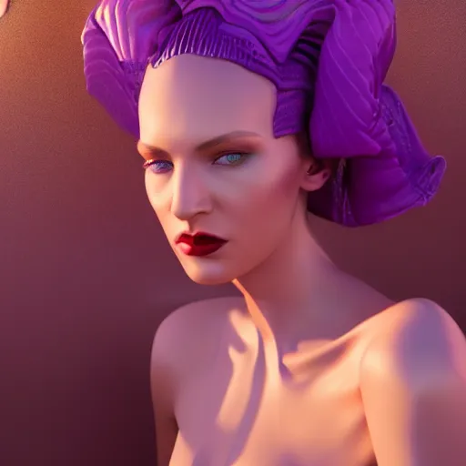 Image similar to woman wearing purple theme, avant-garde art, deco fashion, highly detailed, photorealistic portrait, serene desert setting, golden hour, crisp quality and light reflections, unreal engine 5 quality render