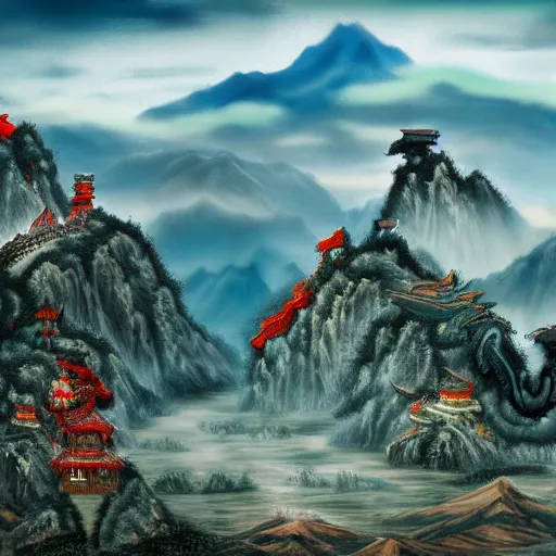 Prompt: Chinese dragon,Liminal, Chinese warriors,, cloudy, mountains and flowing water in the distance, light effect, Detailed, Tilt shift ,realistic,