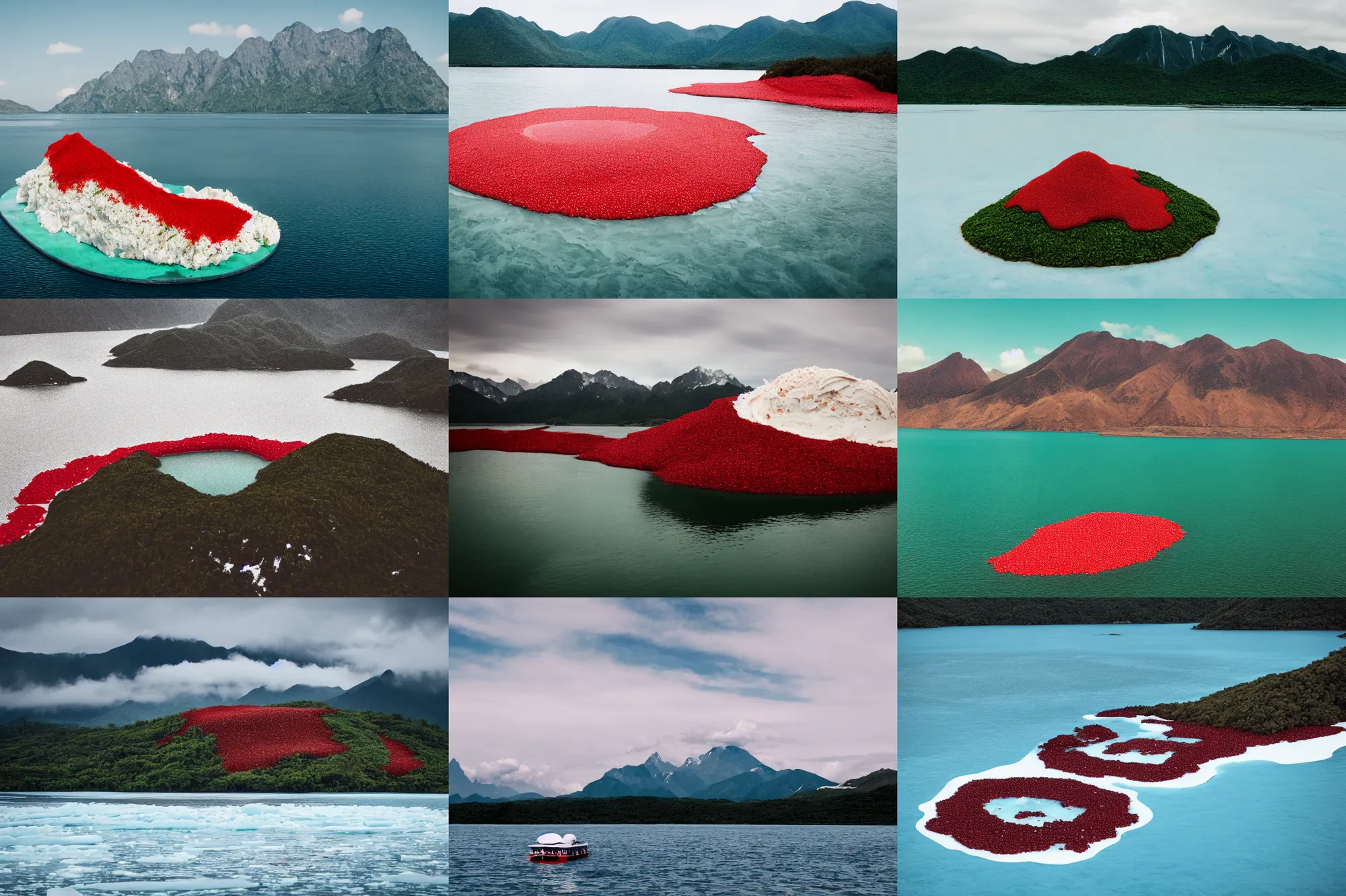 Image similar to an island made of red caviar, in the center of the island there are mountains made of white ice cream, the water around this island is made of coca - cola ( dark brown water ), the photo was taken from a boat, 3 5 mm, cinematic