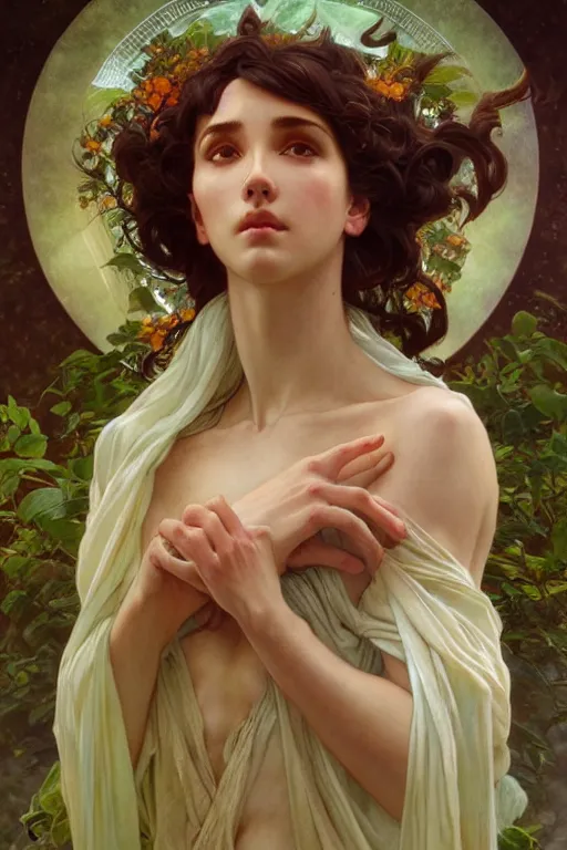 Image similar to goddess of nature, accurate anatomy, only two hands, highly detailed, digital painting, artstation, concept art, smooth, sharp focus, illustration, Unreal Engine 5, 8K, art by artgerm and greg rutkowski and edgar maxence and alphonse Mucha