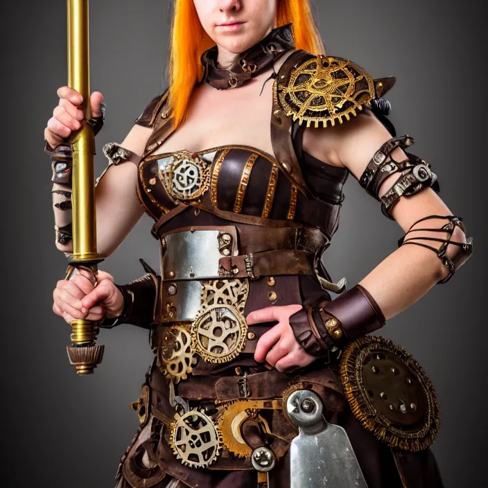 Image similar to full length portrait photograph of a real-life beautiful woman steampunk roman centurion. Extremely detailed. 8k