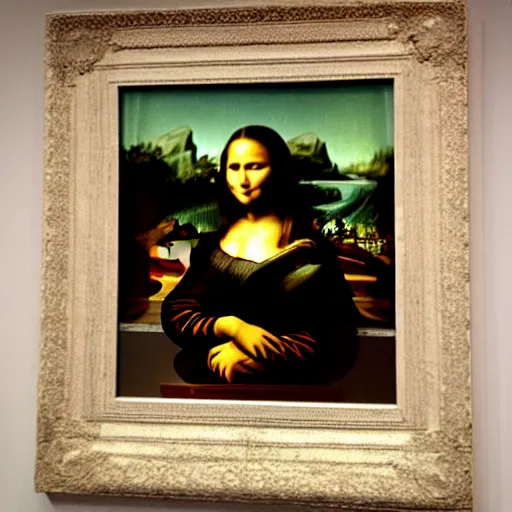 Prompt: The mona lisa with beautiful switzerland landscape in the background