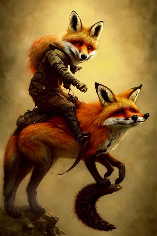 Prompt: gnome ridding on red fox | esoteric symbolism | jean - baptiste monge, esao andrews, bastien lecouffe - deharme, tim jacobus, ken currie | ultra - detailed realism, soft cinematic lighting, hi - fructose, artstation, high - quality, ink watercolors wes anderson poster art