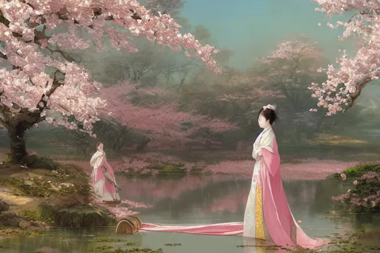 Prompt: a beautiful picture of sakura in full bloom, palace ， a girl in hanfu, by greg rutkowski and thomas kinkade, ayvazovsky, kubrick trending on artstation