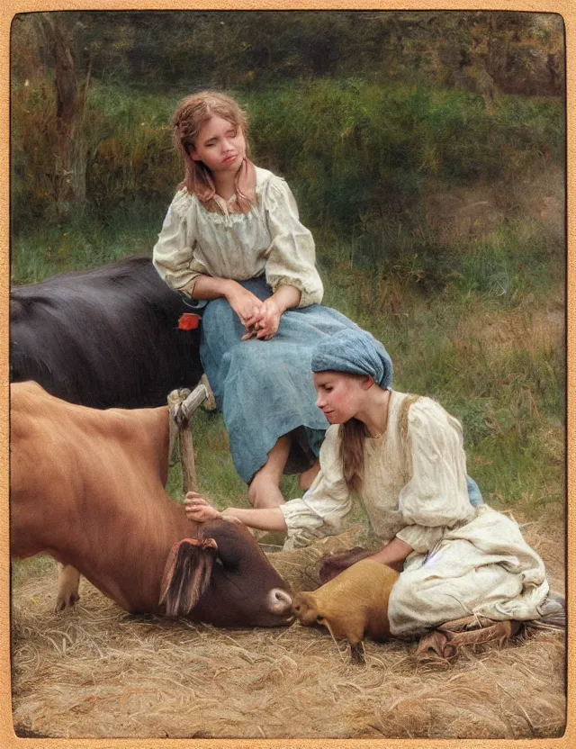 Prompt: portrait of peasant girl petting a cow on a farm, cottage core, cinematic focus, polaroid photo bleached vintage pastel colors high - key lighting, soft lights, foggy, by steve hanks, by lisa yuskavage, by serov valentin, by tarkovsky, 8 k render, detailed, oil on canvas