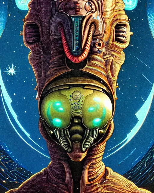 Prompt: unknown creature, character portrait, portrait, close up, concept art, intricate details, highly detailed, vintage sci - fi poster, retro future, vintage sci - fi art, in the style of chris foss, rodger dean, moebius, michael whelan, and gustave dore