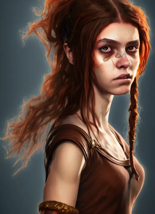 Image similar to an epic fantasy comic book style portrait painting of a girl with short dirty brown straggly hair, low lethargic insouciance voice with a drawl wearing a ragged dress, unreal 5, daz, hyperrealistic, octane render, cosplay, rpg portrait, dynamic lighting