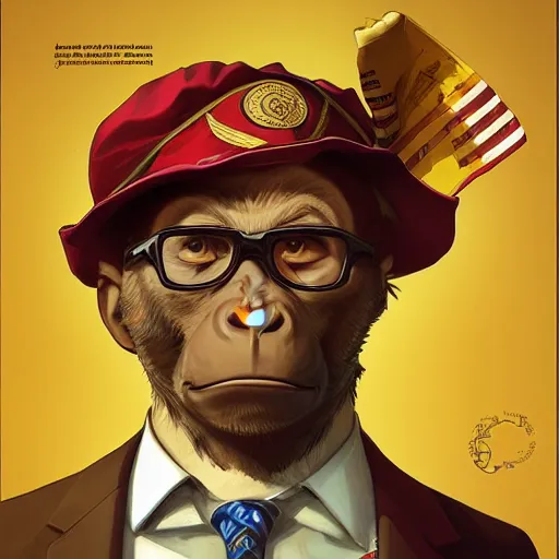 Image similar to [Monkey as president of Banana as GTA character, propaganda!, closeup, D&D, intricate, elegant, highly detailed, digital painting, artstation, concept art, matte, sharp focus, illustration, art by Artgerm and Greg Rutkowski and Alphonse Mucha and Enki Bilal]