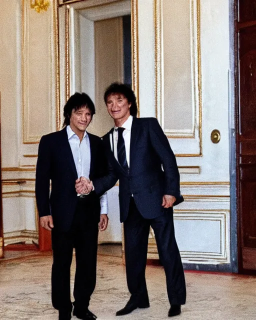 Prompt: sixty years old viktor tsoi with joyful look in a business suit shaking hands with vladimir putin in kremlin, moscow, color photo, mid shot photo, official photo, digital photo, 4 k