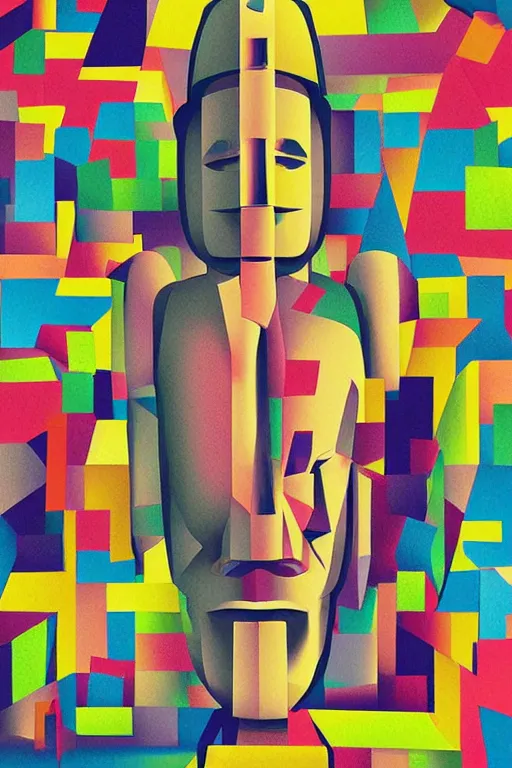 Image similar to cubist moai statue cutout digital illustration cartoon colorful beeple