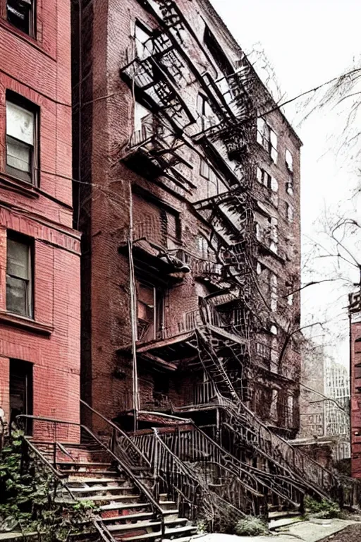 Image similar to (((((a ramshackle Manhattan brick brownstone deep in the forest))))) by Mark Makovey!!!!!!!!!!!!!!!!!!!!!!!!!!!