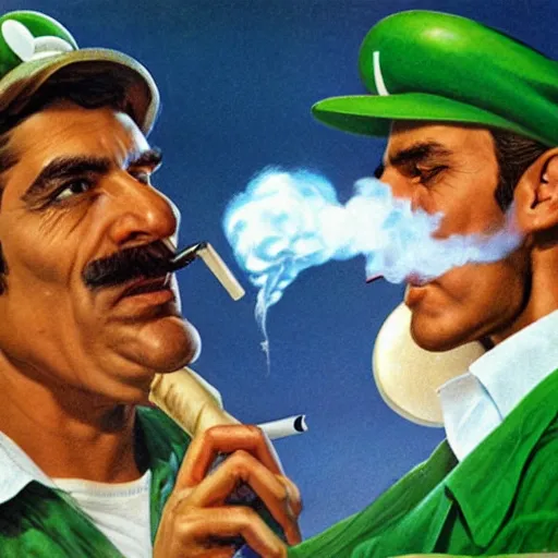 Prompt: Luigi smoking joint, artwork by Earl Norem,